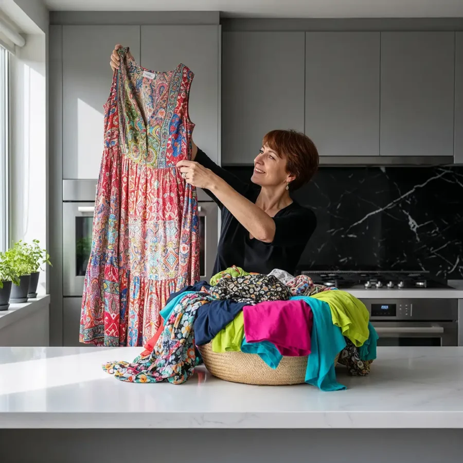 woman inspecting coloured dress